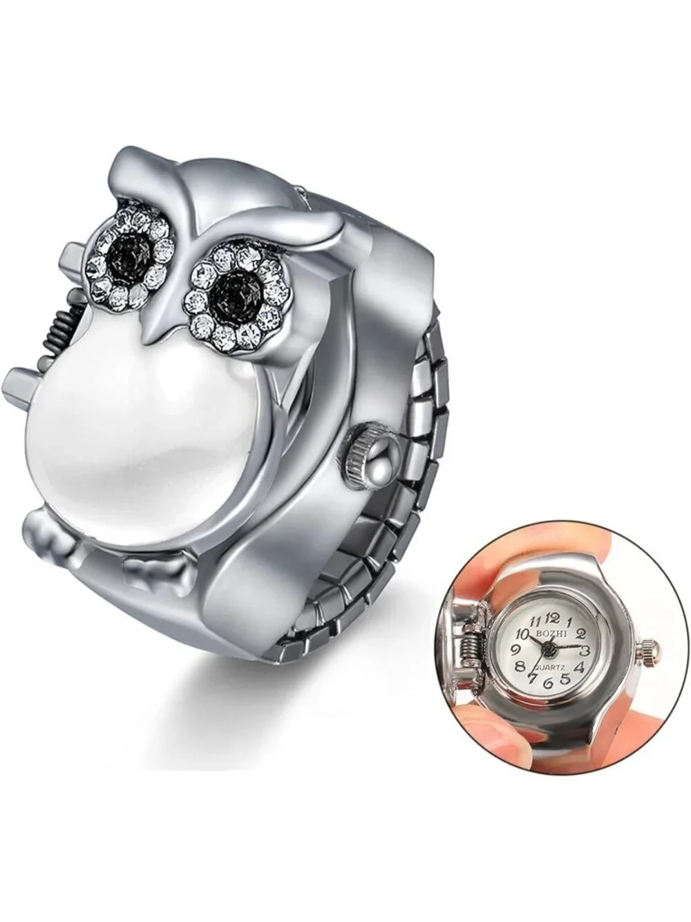 Unisex White Analog Quartz Stylish Owl Flip-Open Cover Adjustable Ring Watch